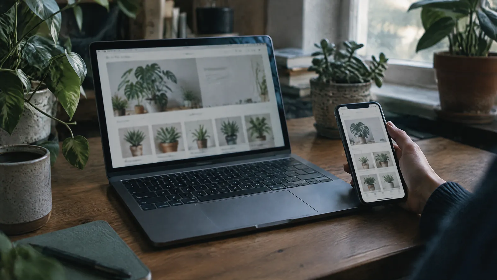Laptop and phone showing a plant shop, on a windowsill surrounded by houseplants