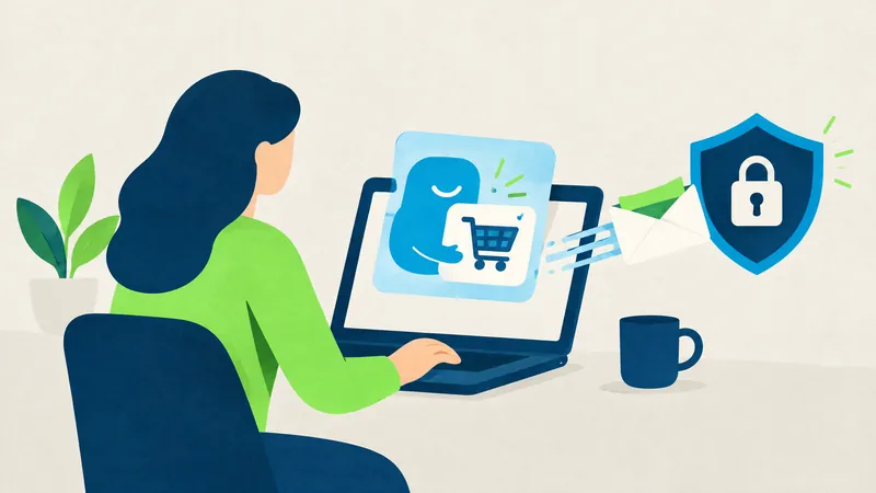 Illustration of a person at a laptop with a cart icon and a padlock shield