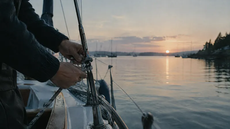 Hands working a winch on a sailing boat at sunset