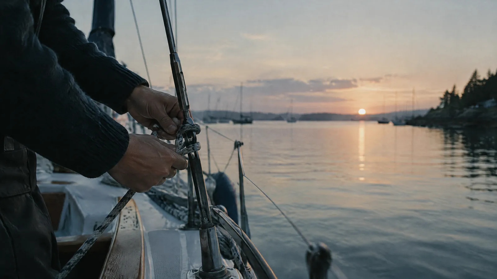 Hands working a winch on a sailing boat at sunset