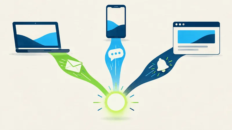 Illustration of a laptop, phone and browser linked by email, chat and bell icons