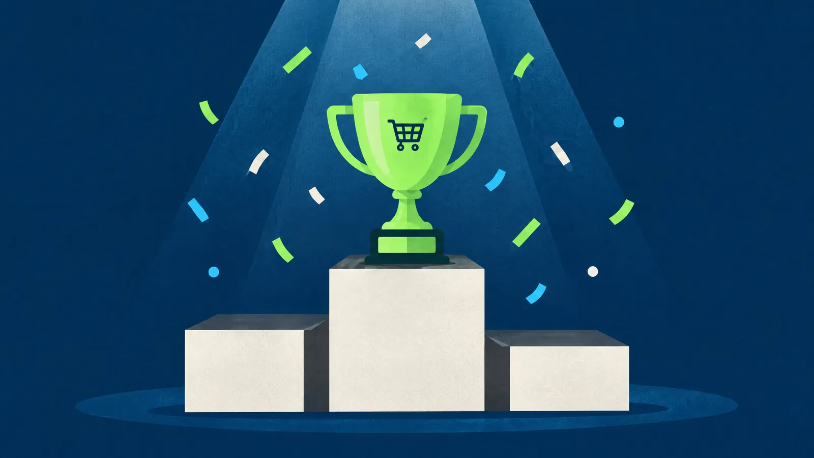 Illustration of a trophy with a shopping cart on a winner's podium under confetti