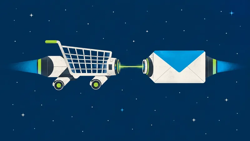 Illustration of a shopping cart and an envelope as rockets flying through space