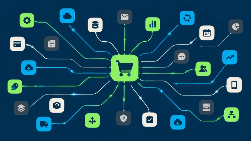 Illustration of a shopping cart at the centre of a web of app and service icons