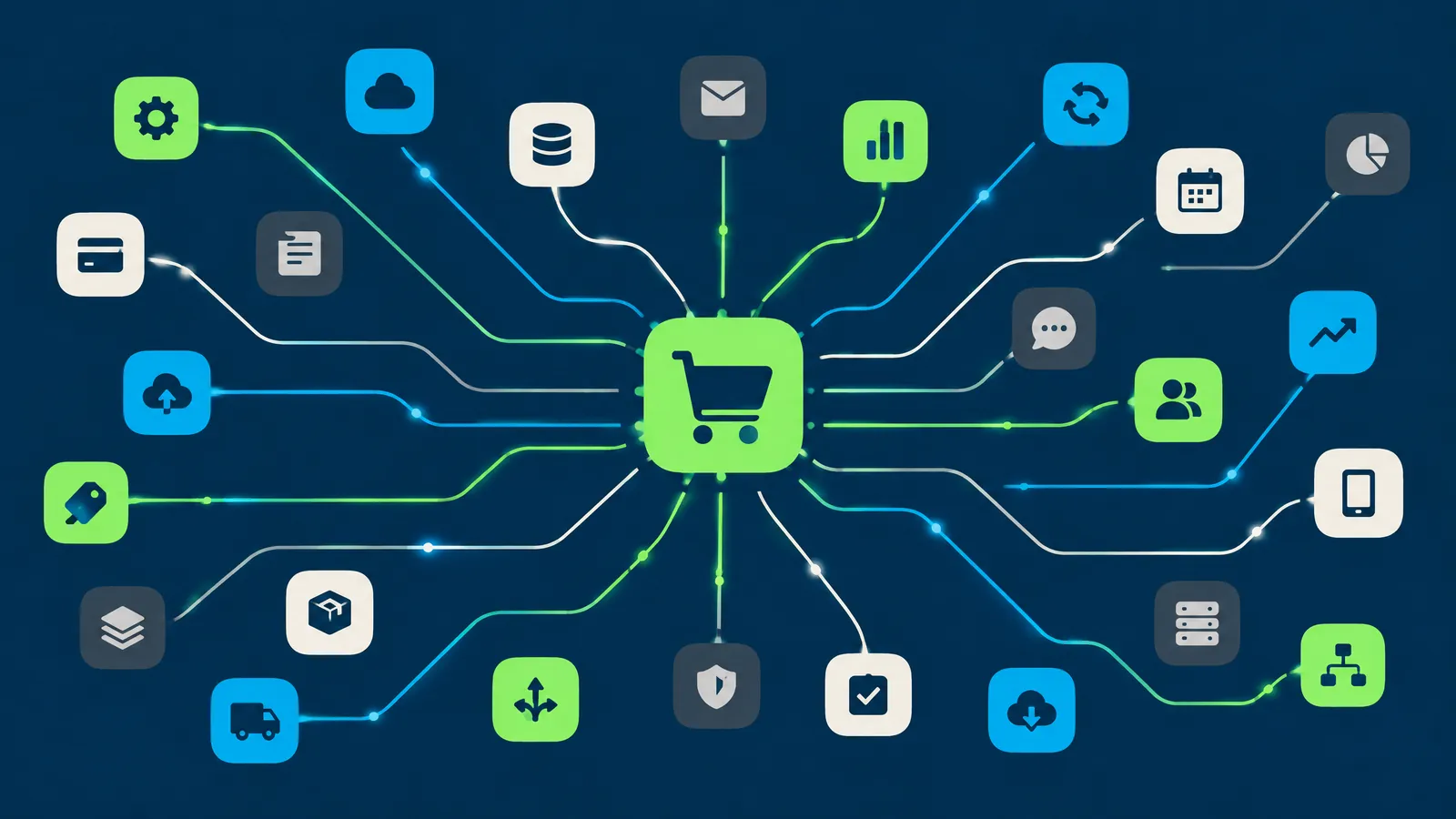 Illustration of a shopping cart at the centre of a web of app and service icons