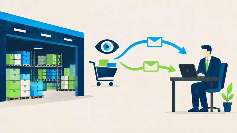 Illustration of a warehouse, an eye and envelopes flowing to a person at a laptop