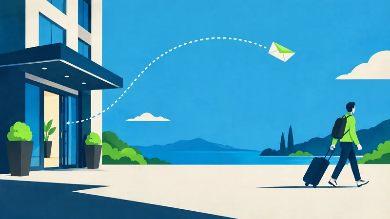 Illustration of a traveller wheeling a case from a hotel as an envelope flies away
