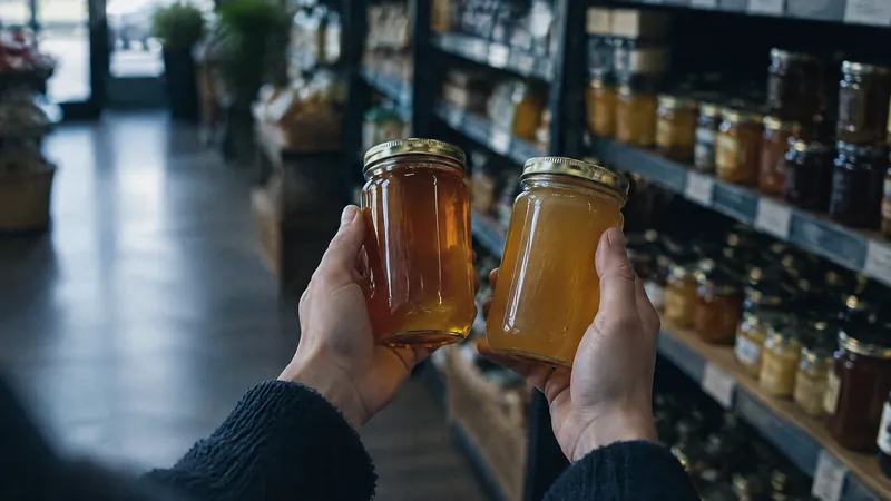 Hands holding up two jars of honey in front of shelves of preserves