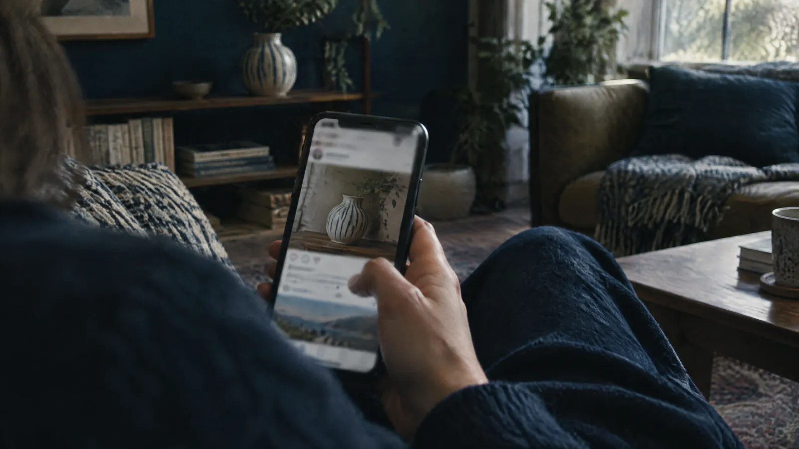 Hands holding a phone showing a listing, in an armchair beside a bookcase