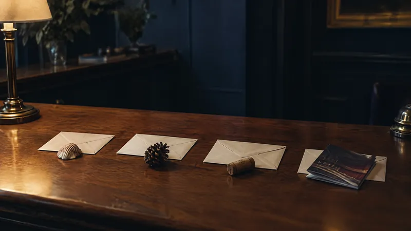 Envelopes and a pine cone laid out on a polished desk under a lamp