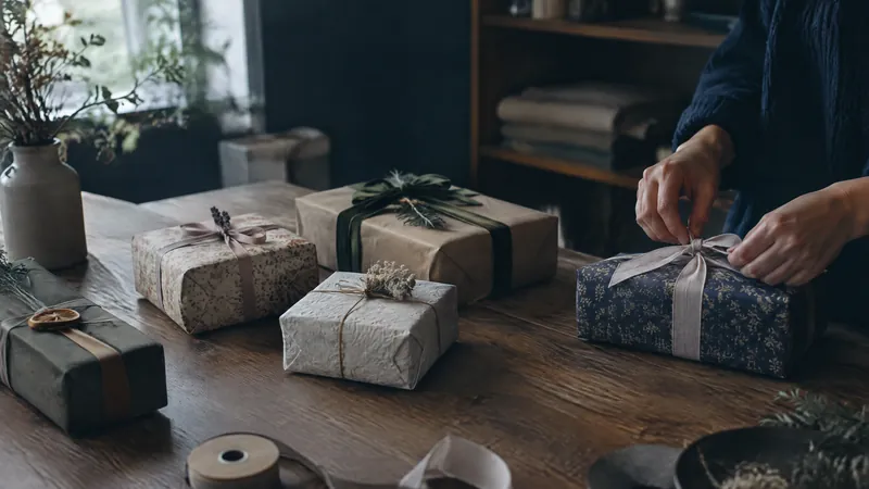 Hands tying ribbon on wrapped gifts spread across a wooden table