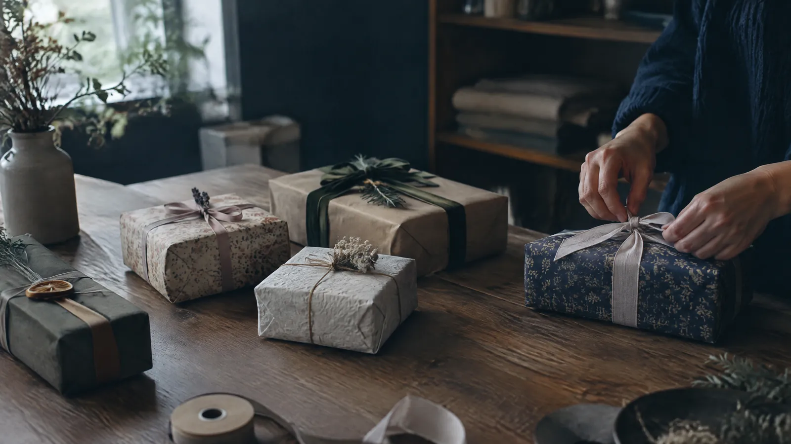 Hands tying ribbon on wrapped gifts spread across a wooden table