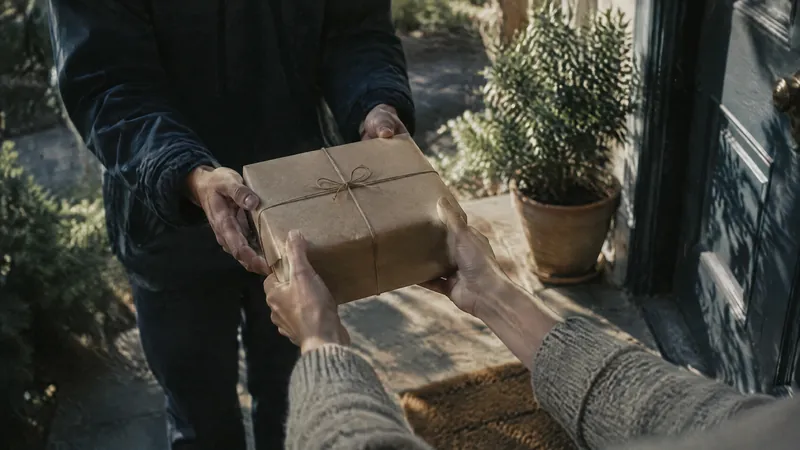 Parcel passed from one pair of hands to another on a doorstep