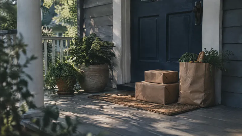 Parcels and a paper bag left on the porch of a house with potted plants
