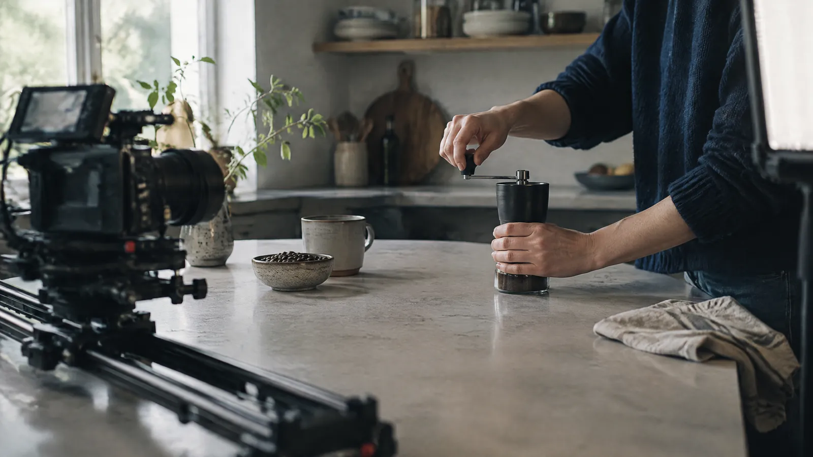 Camera on a slider filming a hand grinding coffee on a kitchen counter