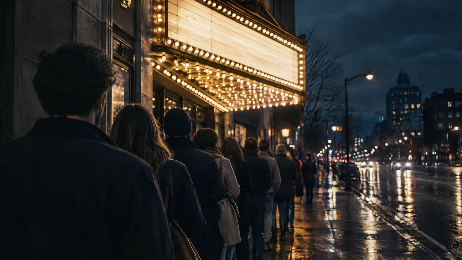Queue of people outside a theatre under a lit marquee on a wet evening