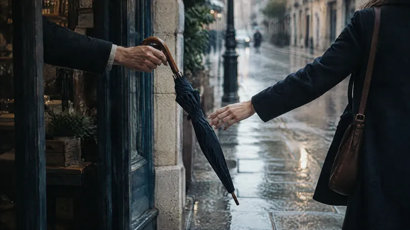 Hand offering an umbrella from a doorway to someone in the rain
