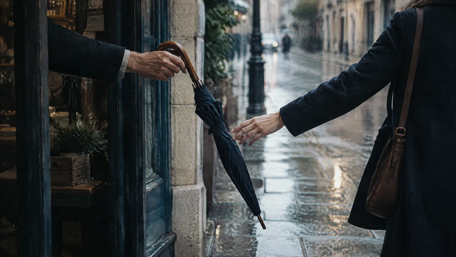 Hand offering an umbrella from a doorway to someone in the rain
