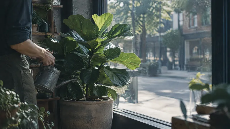 Person watering a large fiddle-leaf fig in a shop window