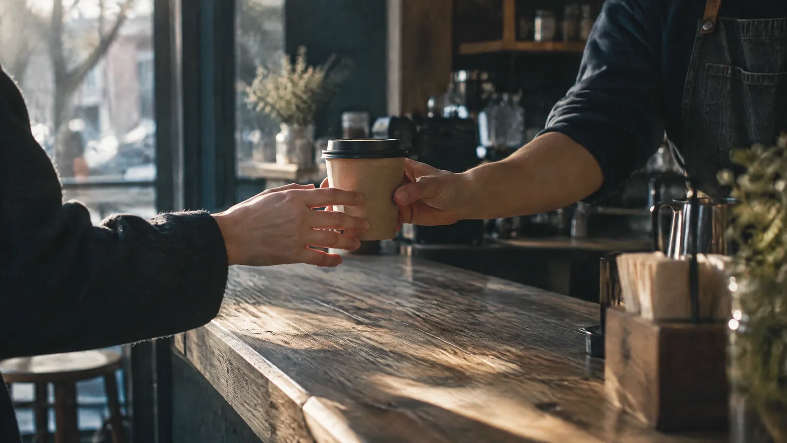 Barista handing a takeaway coffee cup across a sunlit counter