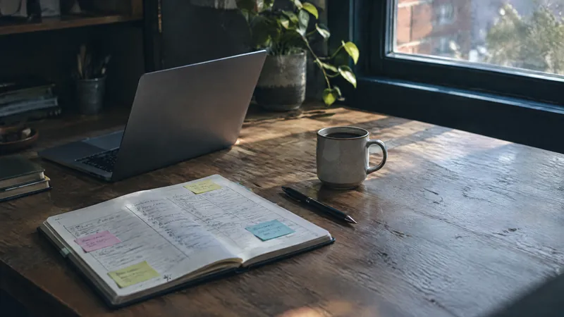 Laptop, mug and an open planner on a wooden desk by a window