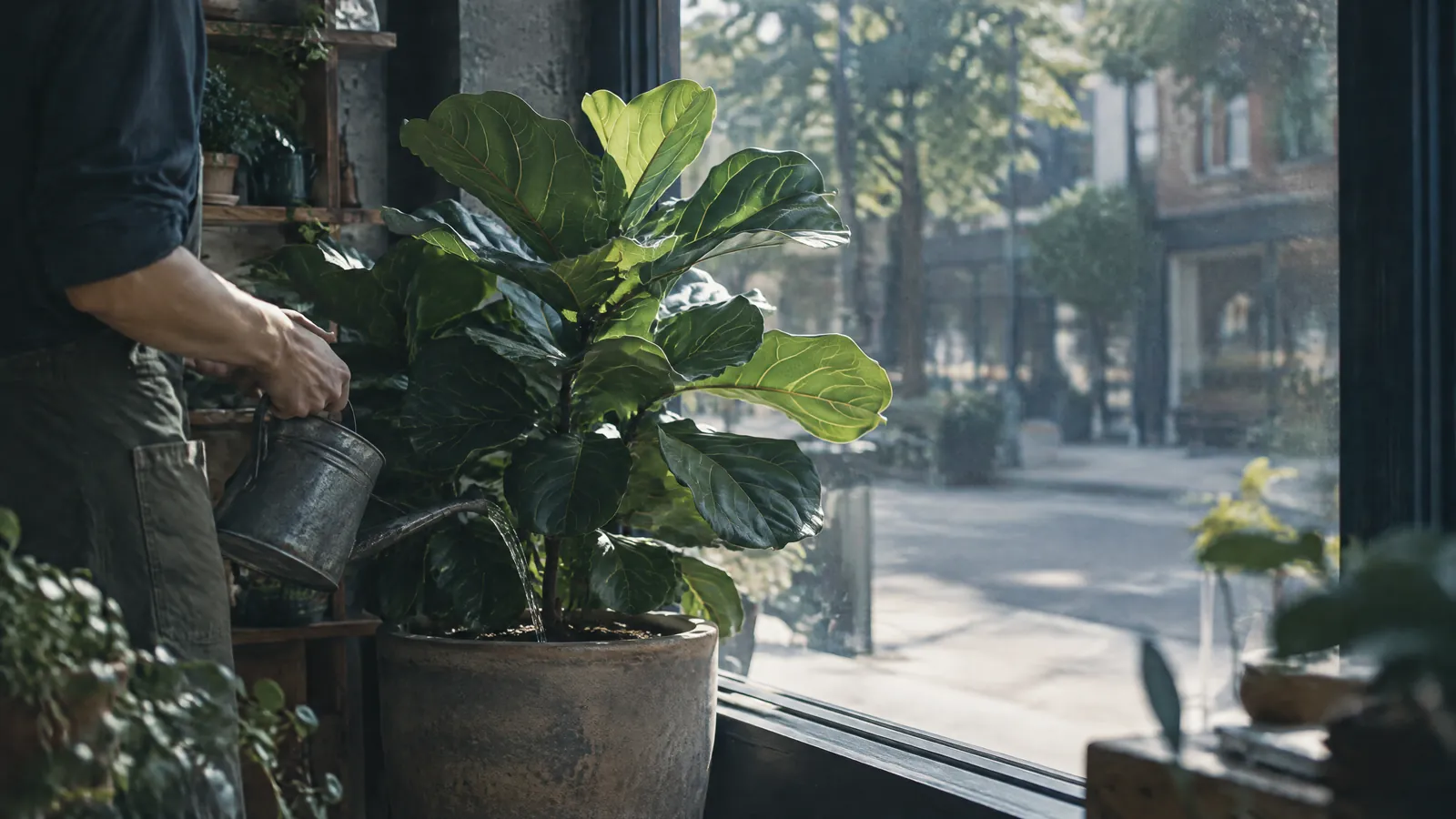 Person watering a large fiddle-leaf fig in a shop window