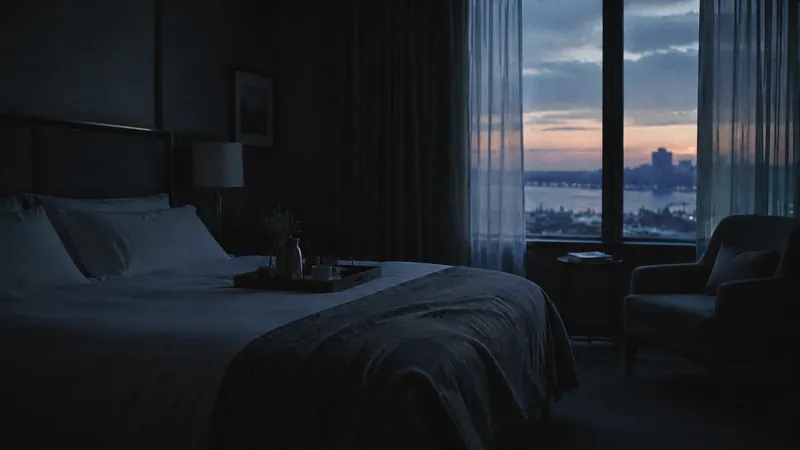 Dark hotel room at dusk with a made bed and a city view through the curtains