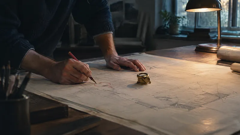 Person drawing on a large plan at a desk under a lamp