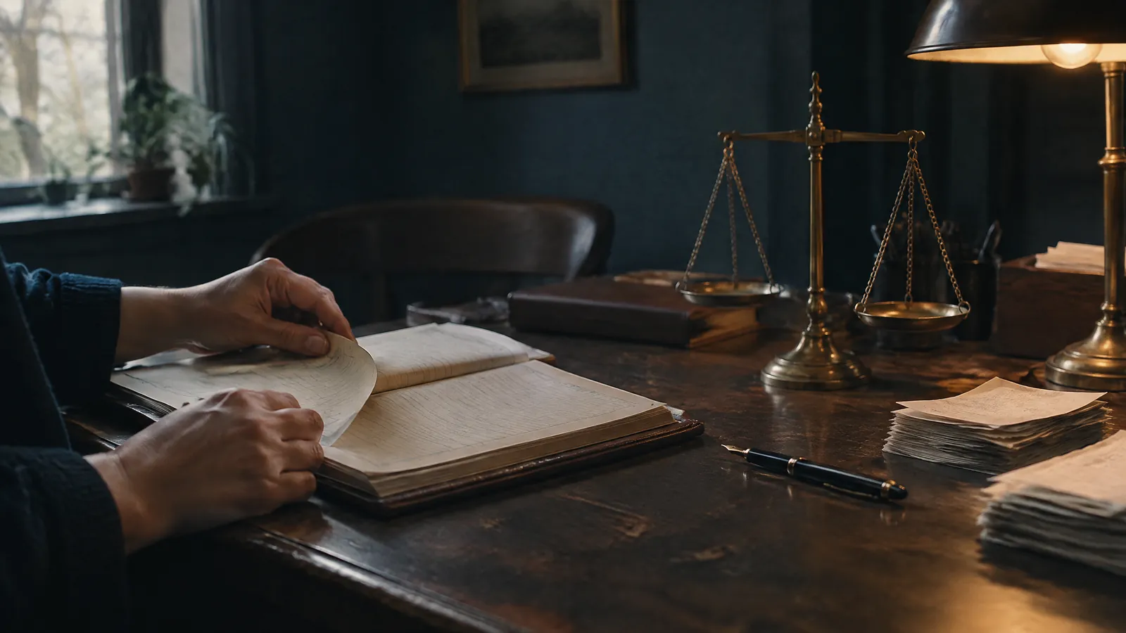 Hands turning pages of a ledger beside brass scales on a dark desk