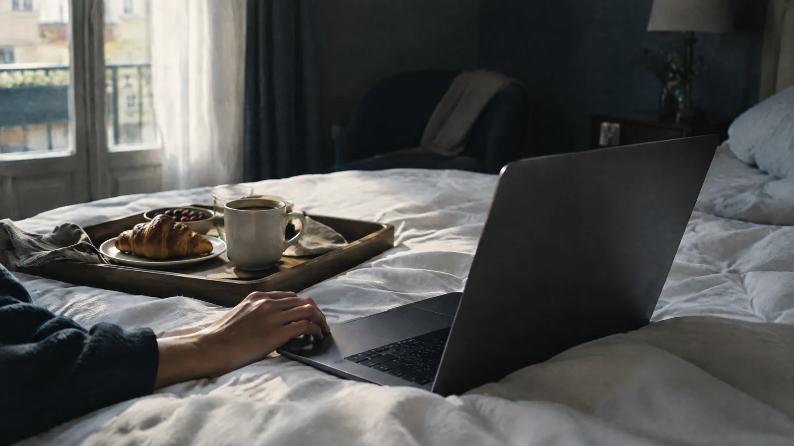 Hand on a laptop in bed beside a breakfast tray with coffee and pastry