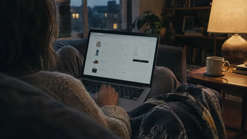 Person browsing a shopping site on a laptop while wrapped in a blanket