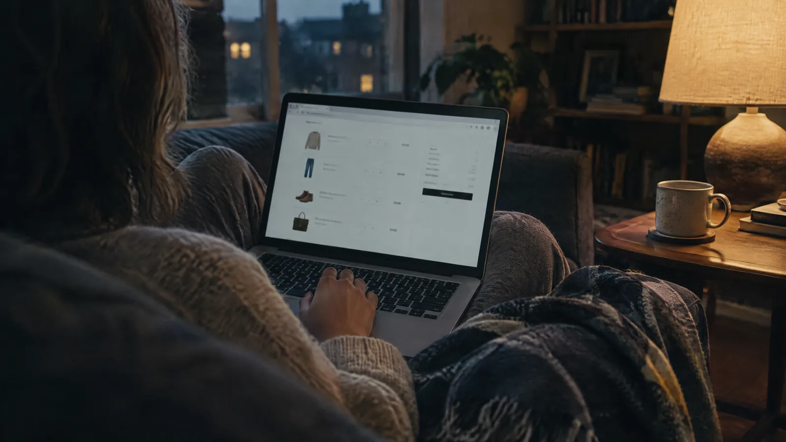 Person browsing a shopping site on a laptop while wrapped in a blanket