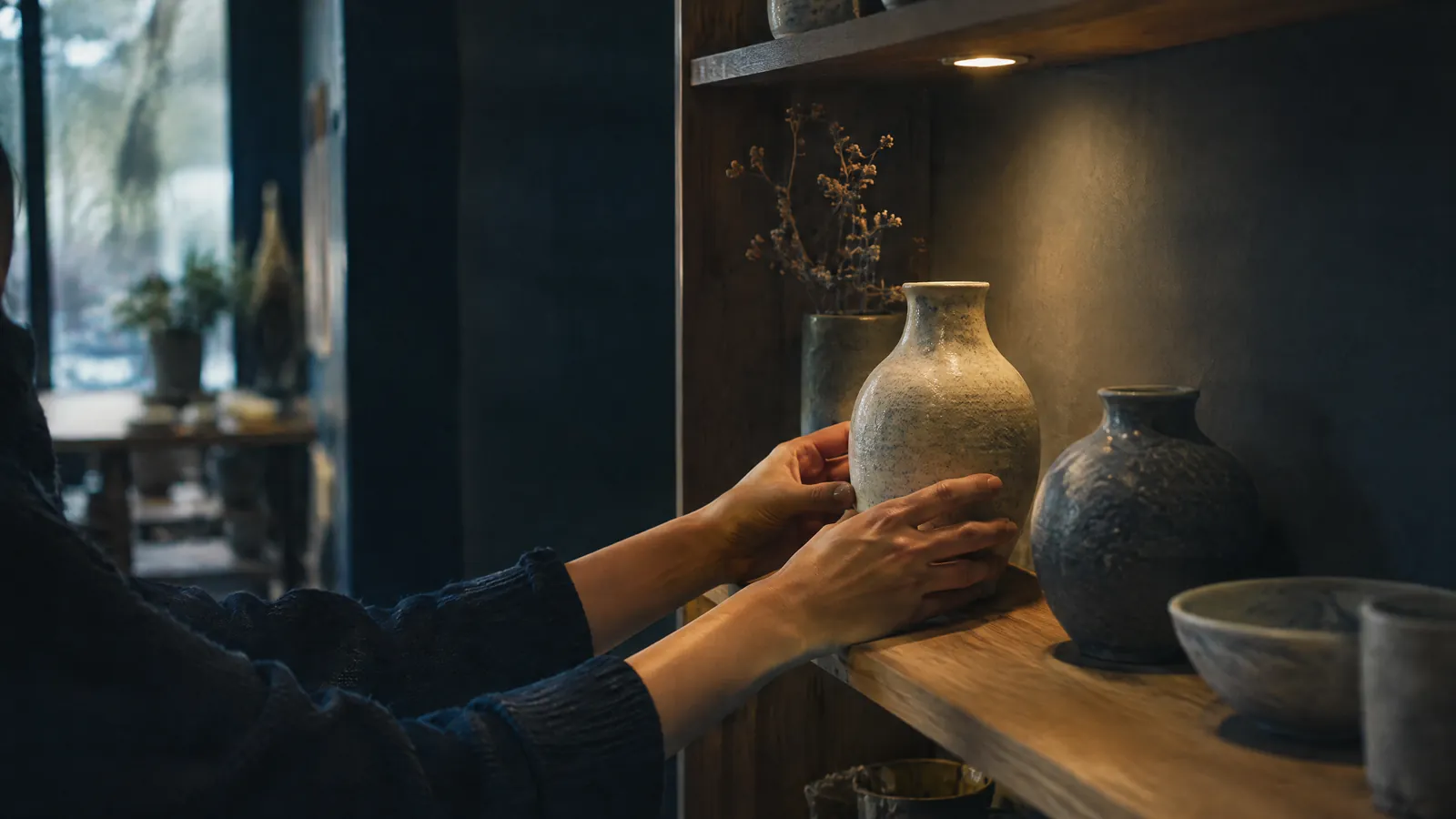 Hands arranging glazed ceramic vases on a lit shelf