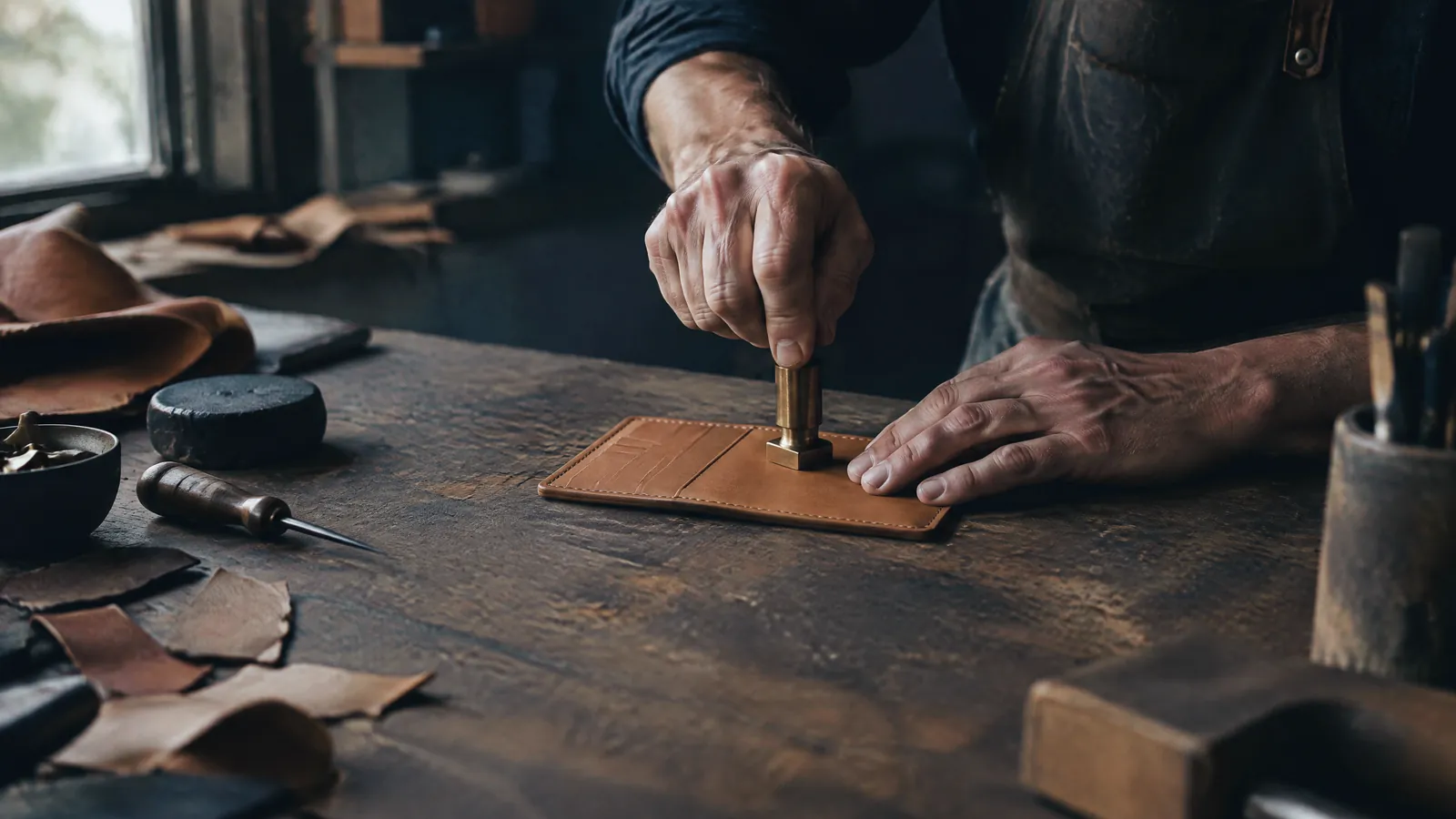 Leatherworker punching a template on a workbench strewn with offcuts