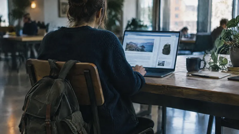 Person with a backpack working on a laptop at a long cafe table