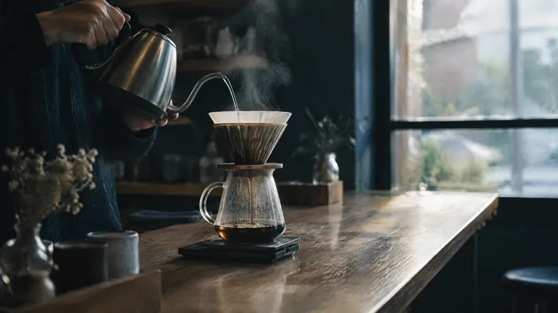 Pouring water from a gooseneck kettle into a filter coffee brewer