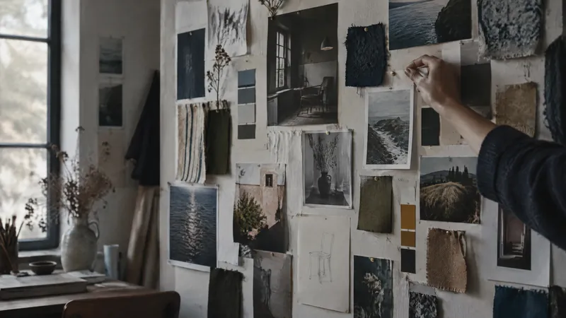Hand pinning a photograph to a wall covered in prints and fabric swatches