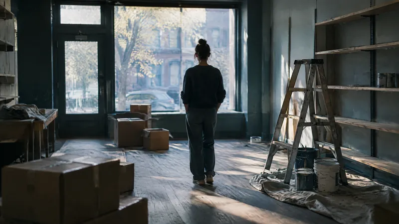 Person standing in an empty shop unit among boxes and a stepladder