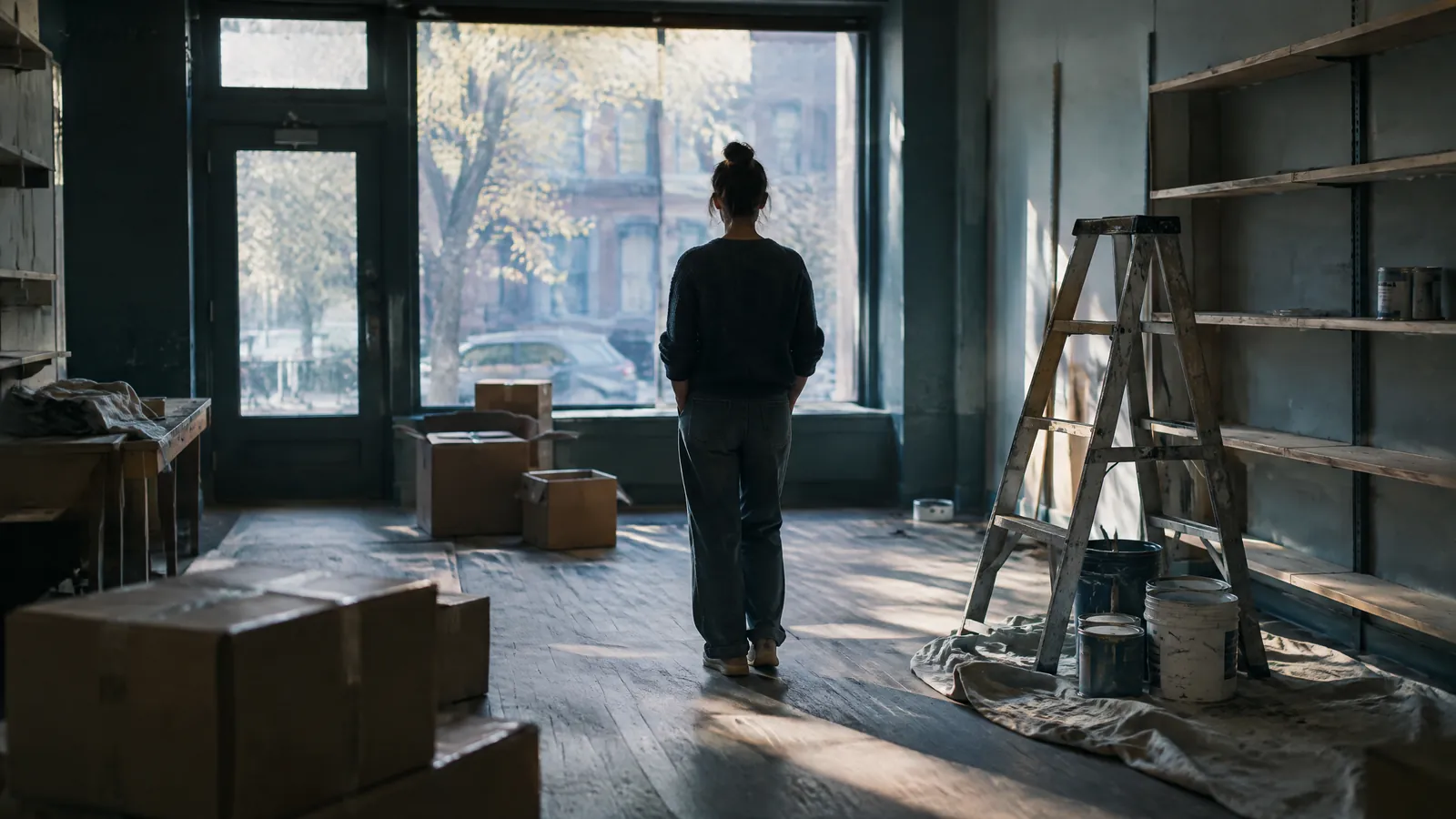 Person standing in an empty shop unit among boxes and a stepladder