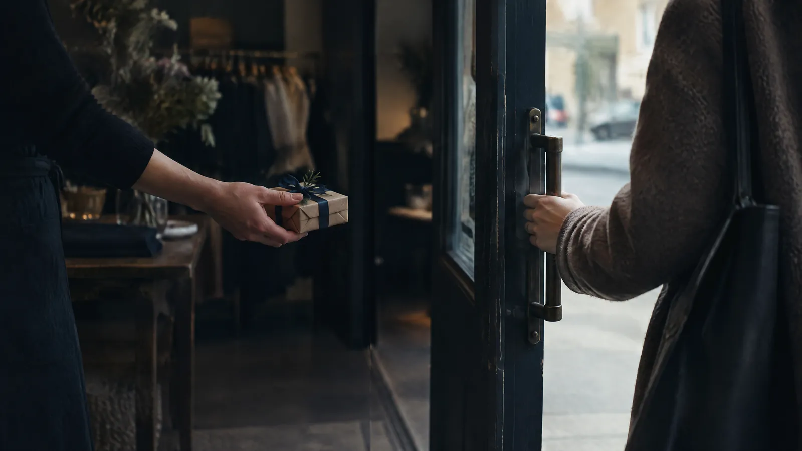 Hand passing a small parcel through a shop doorway to a waiting customer