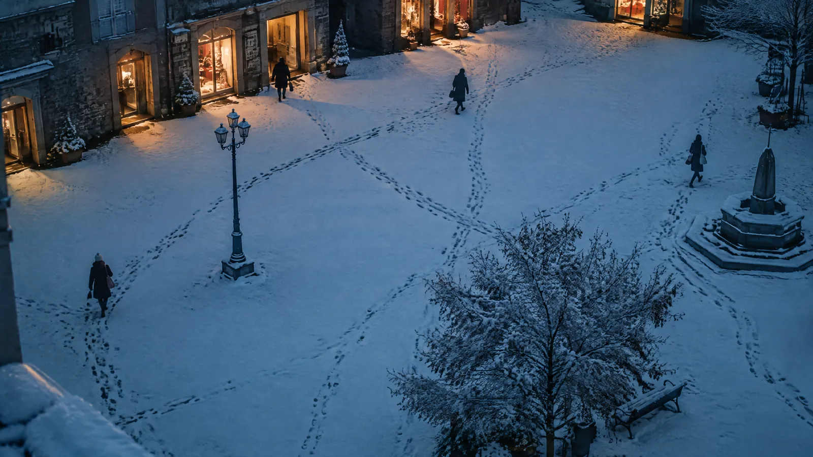 Snow-covered square at dusk seen from above, footprints and lit windows