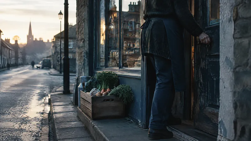 Person unlocking a shop door on a wet street at sunrise