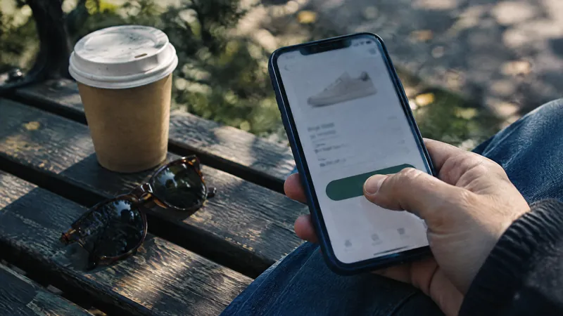 Hands holding a phone showing a trainer listing, coffee cup on the bench beside