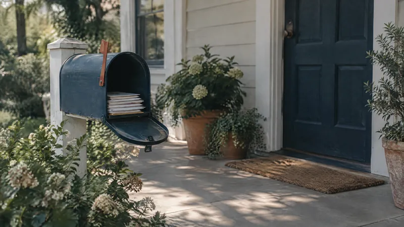 Open mailbox full of letters beside a front walk, with a navy front door and potted plants beyond