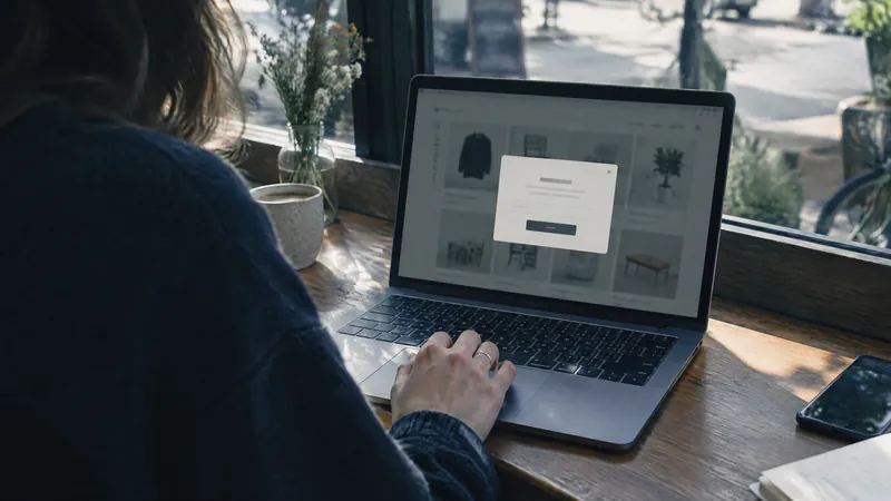 Person at a laptop showing a product grid, at a table by a window