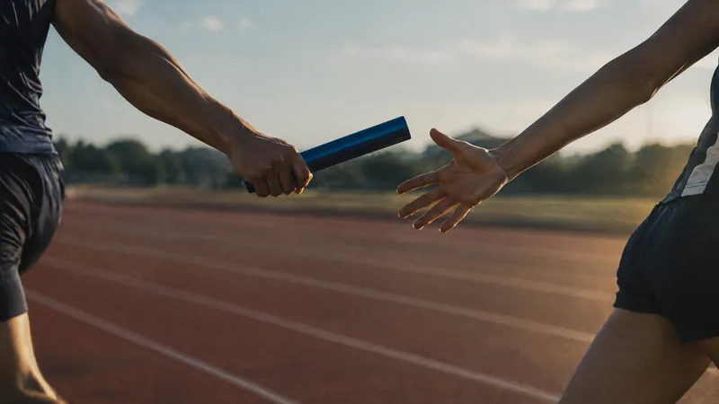 Relay baton passed between two runners on a running track