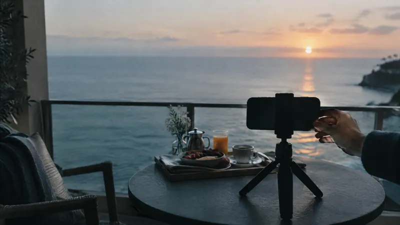 Phone on a tripod filming a breakfast table overlooking the sea at sunrise
