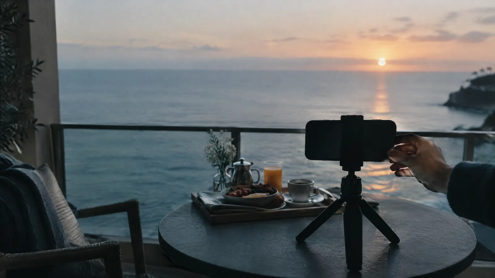 Phone on a tripod filming a breakfast table overlooking the sea at sunrise