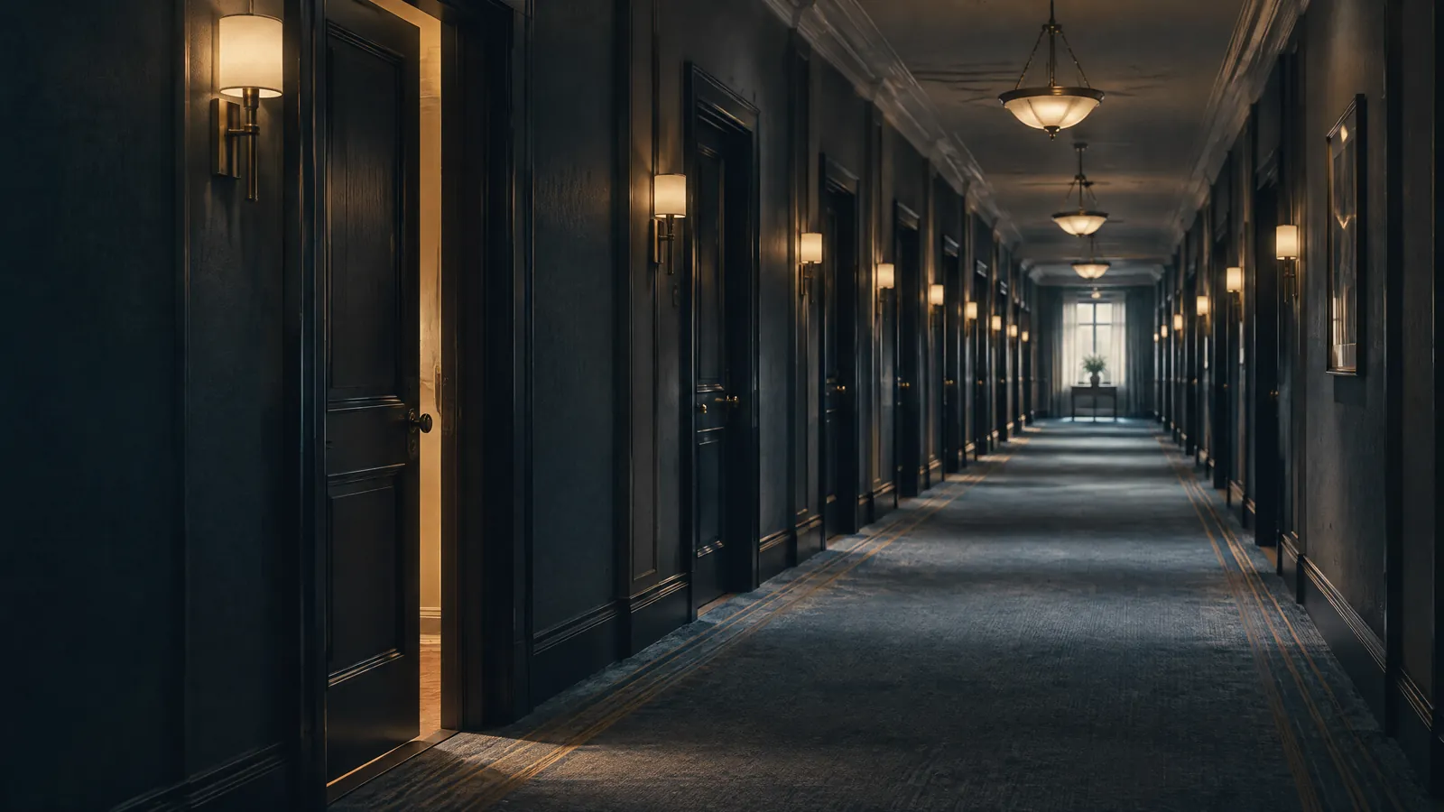 Long, dim hotel corridor lined with doors and wall lights