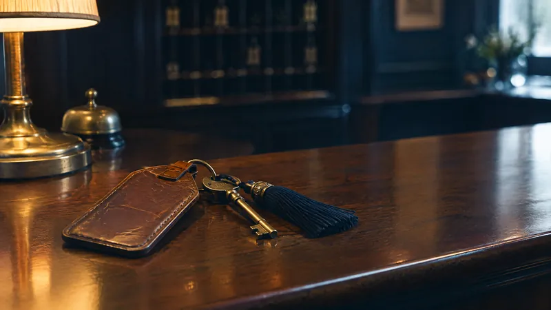 Room keys on a leather fob left on a hotel reception desk under a lamp